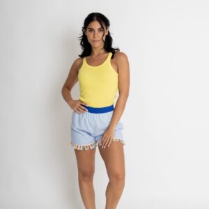 Shorts in lino cotone azzurro con nappine colorate